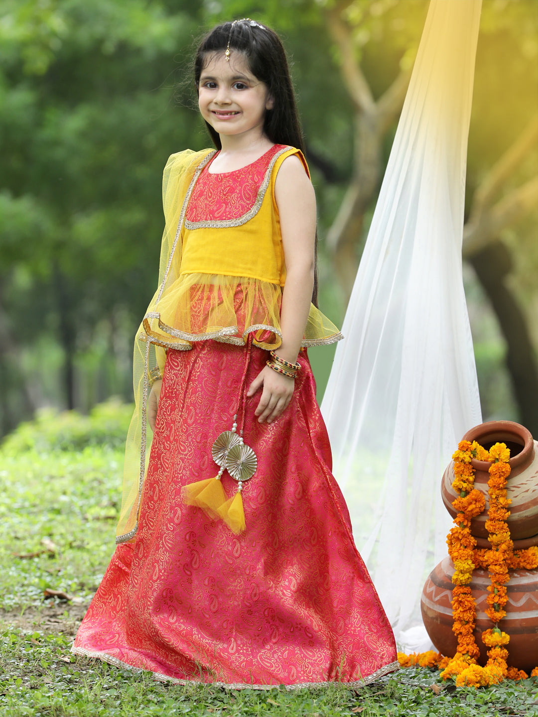 Cutiekins Yellow & Red Printed Ready to Wear Lehenga & Blouse with Dupatta