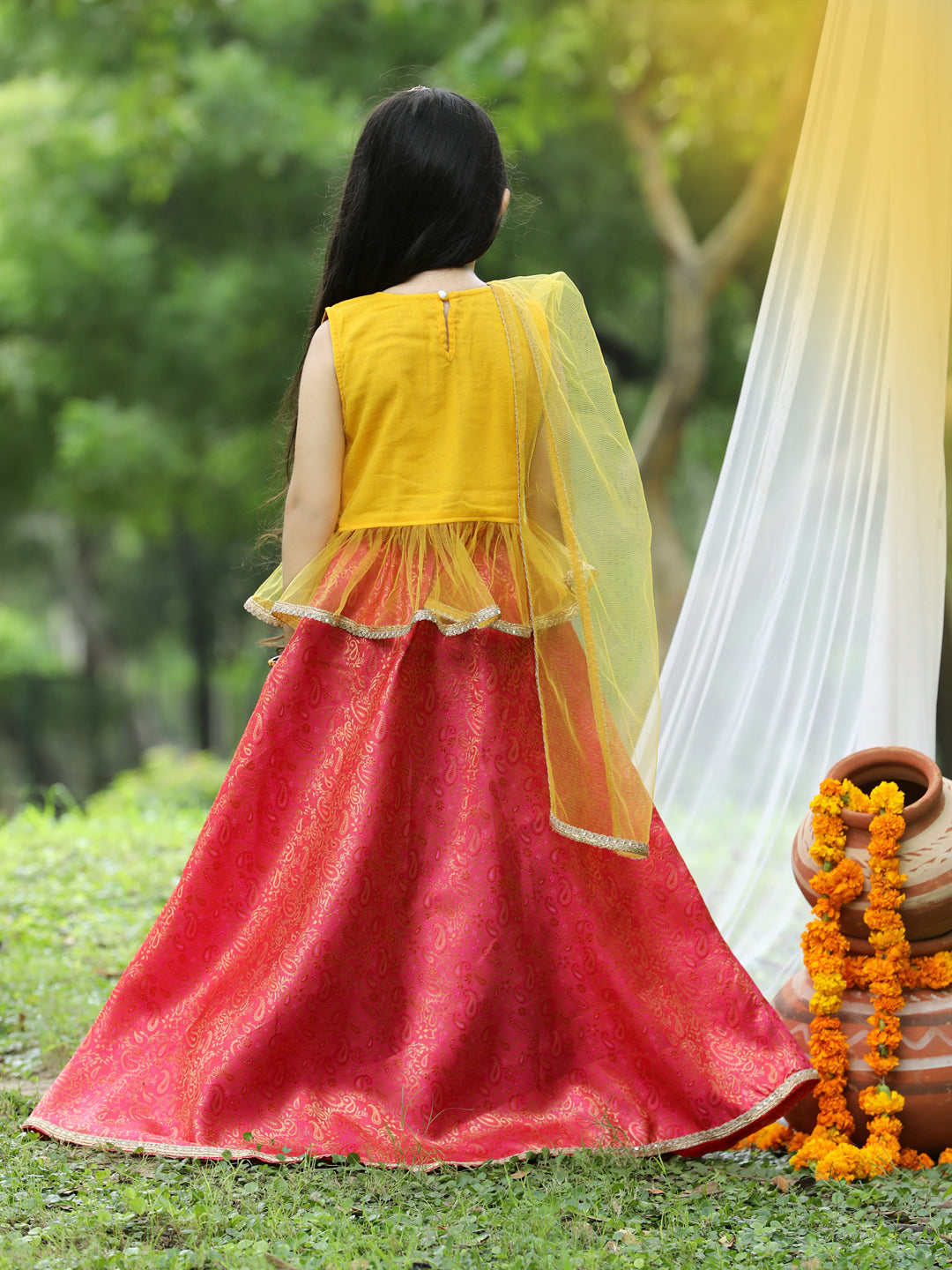 Cutiekins Yellow & Red Printed Ready to Wear Lehenga & Blouse with Dupatta