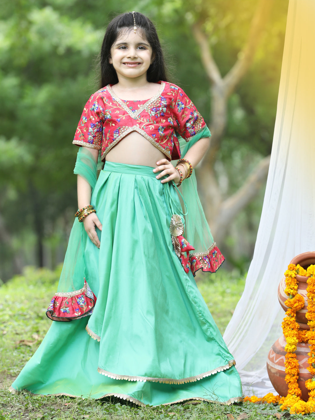 Cutiekins Red & Light Green Ready to Wear Lehenga & Blouse With Dupatta