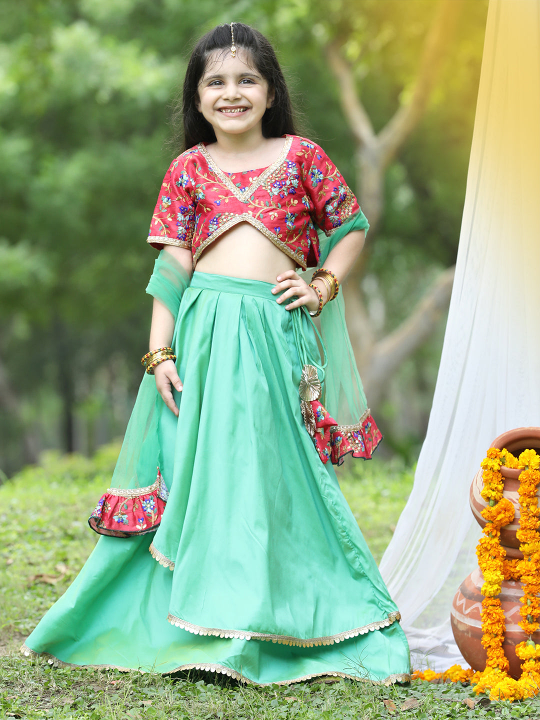 Cutiekins Red & Light Green Ready to Wear Lehenga & Blouse With Dupatta