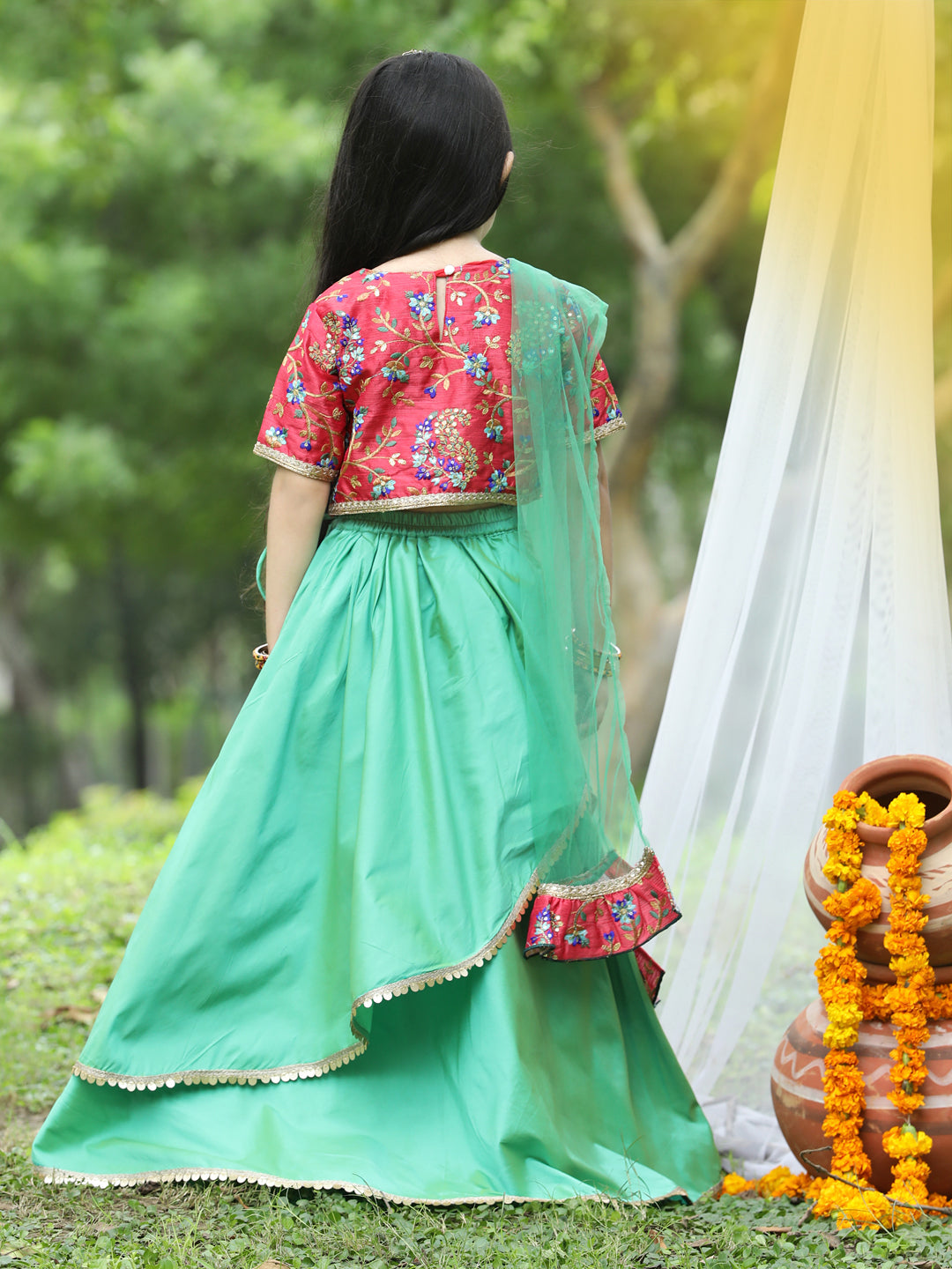 Cutiekins Red & Light Green Ready to Wear Lehenga & Blouse With Dupatta