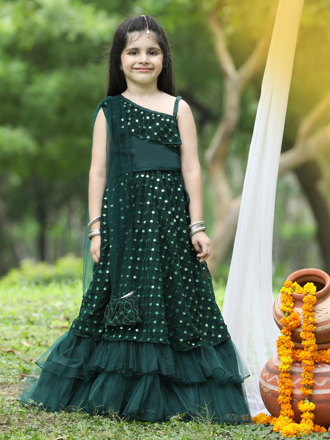 Cutikeins Girls Green Mirror Work Net Ready to Wear Lehenga & Blouse With Dupatta