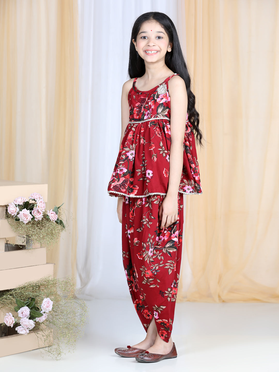 Cutiekins Floral Printed Peplum Top & Dhoti Set- Maroon & Brown