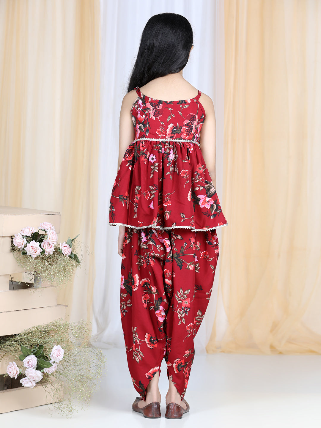 Cutiekins Floral Printed Peplum Top & Dhoti Set- Maroon & Brown