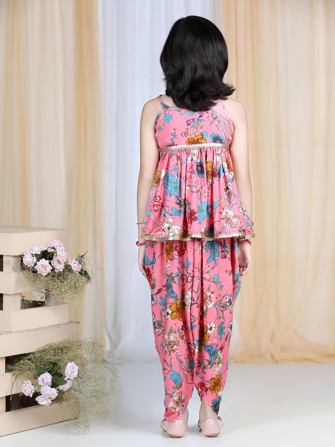 Cutiekins Floral Printed Peplum Top & Dhoti Set- Pink & Blue