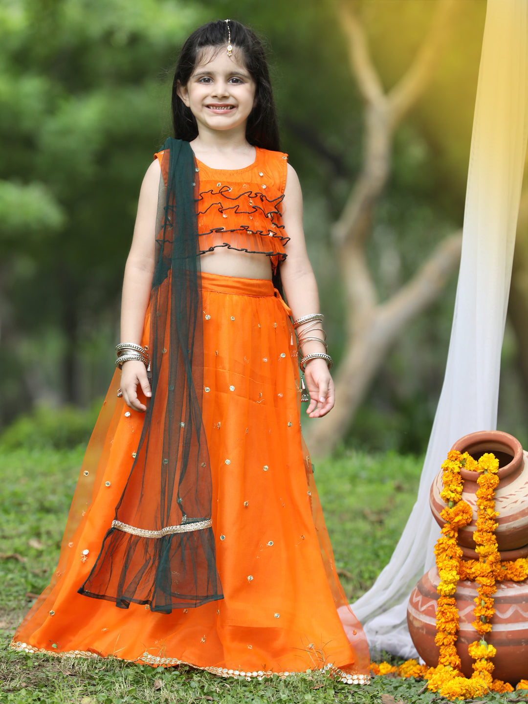 Cutikeins Girls Orange Mirror Work Net Ready to Wear Lehenga & Blouse With Dupatta