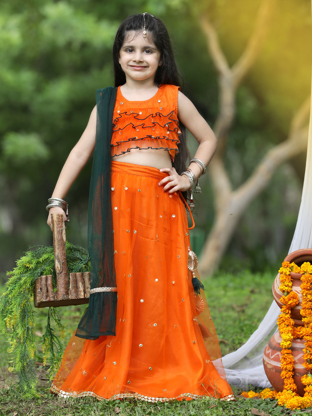 Cutikeins Girls Orange Mirror Work Net Ready to Wear Lehenga & Blouse With Dupatta