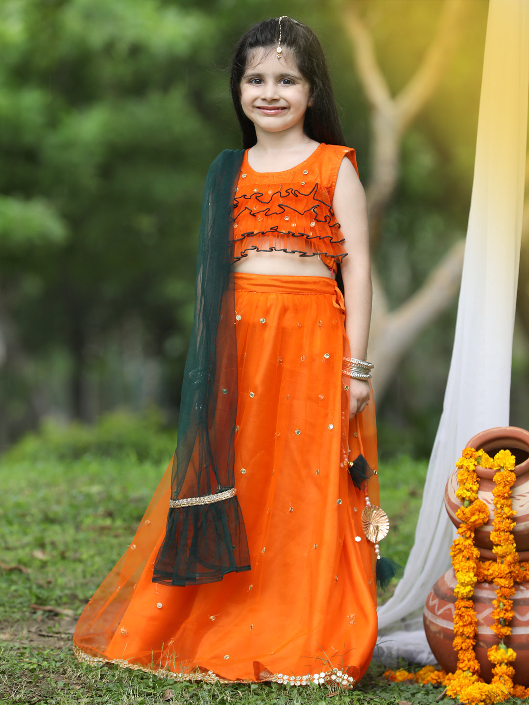 Cutikeins Girls Orange Mirror Work Net Ready to Wear Lehenga & Blouse With Dupatta