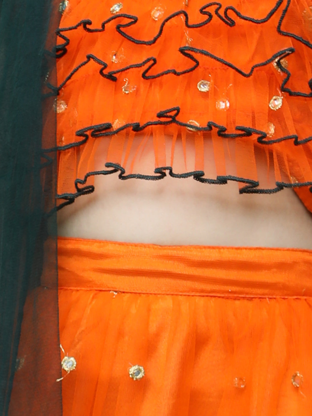 Cutikeins Girls Orange Mirror Work Net Ready to Wear Lehenga & Blouse With Dupatta
