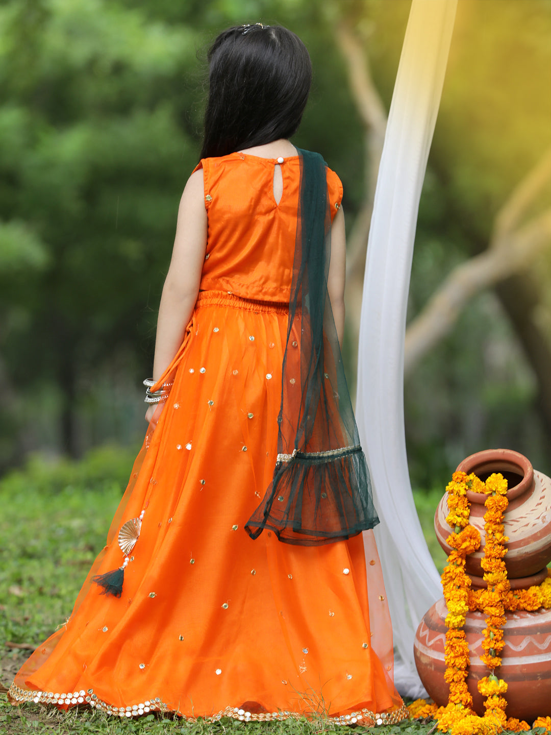 Cutikeins Girls Orange Mirror Work Net Ready to Wear Lehenga & Blouse With Dupatta