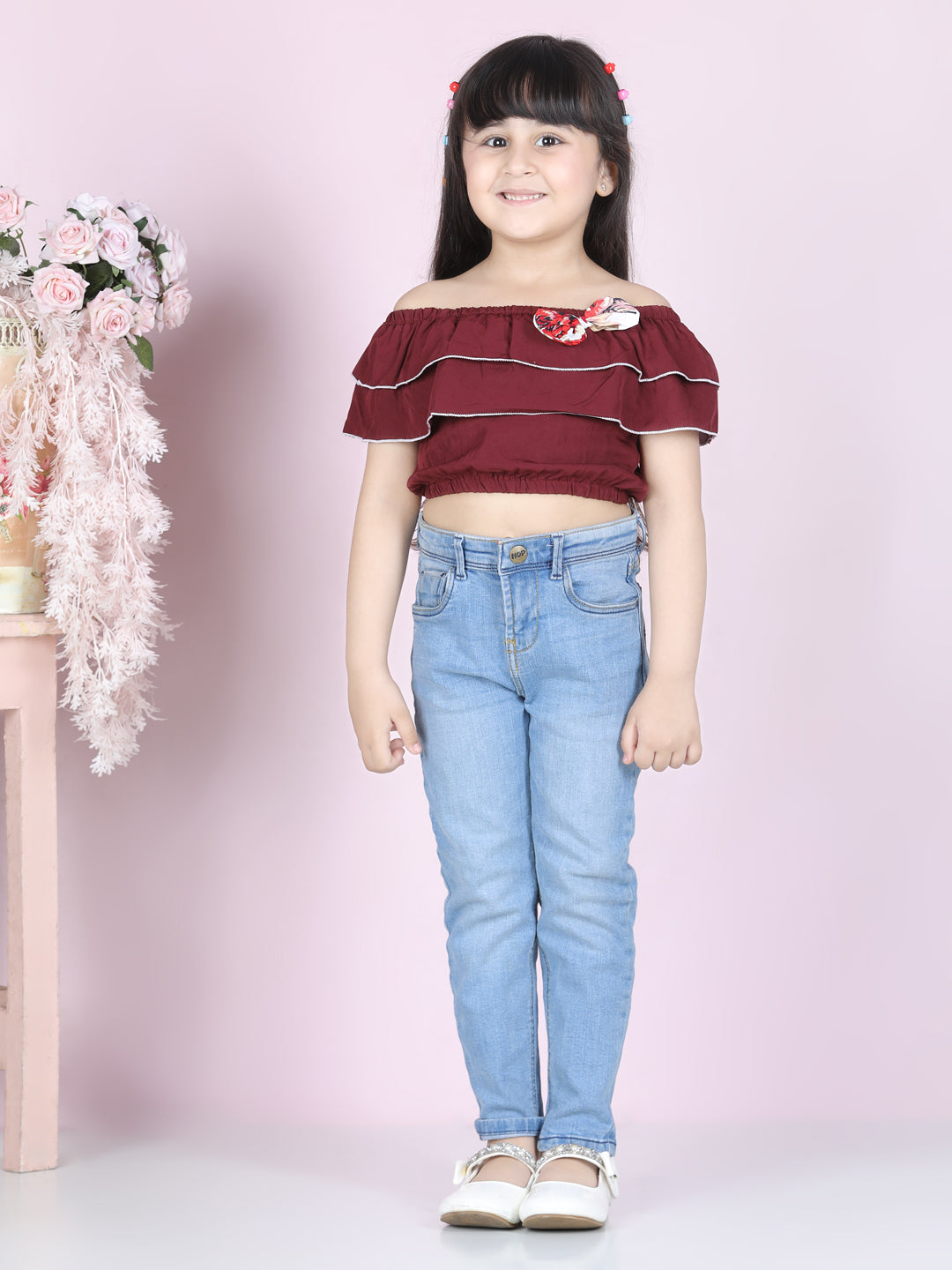 Cutiekins Girls Casual Polyester Crop Top (Maroon & White)