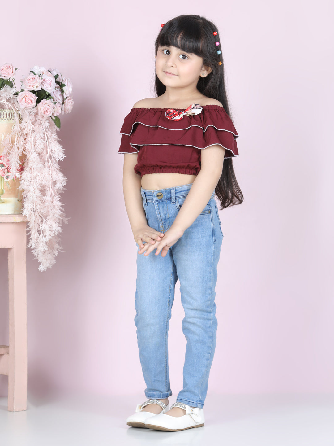 Cutiekins Girls Casual Polyester Crop Top (Maroon & White)