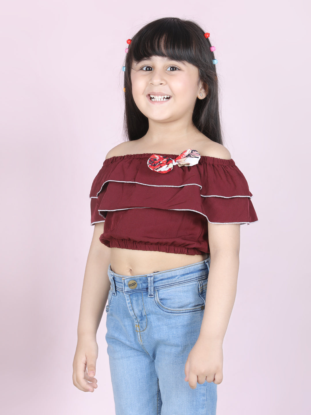 Cutiekins Girls Casual Polyester Crop Top (Maroon & White)