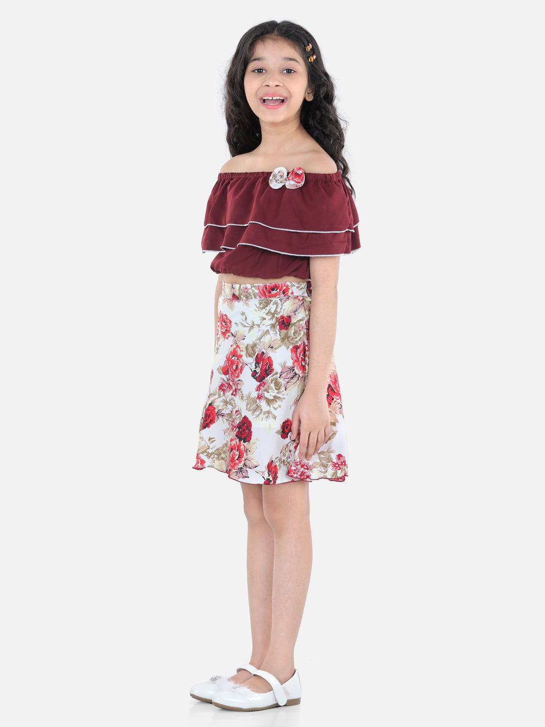 Cutiekins Girls Casual Top & Skirt Set (Maroon & Cream)