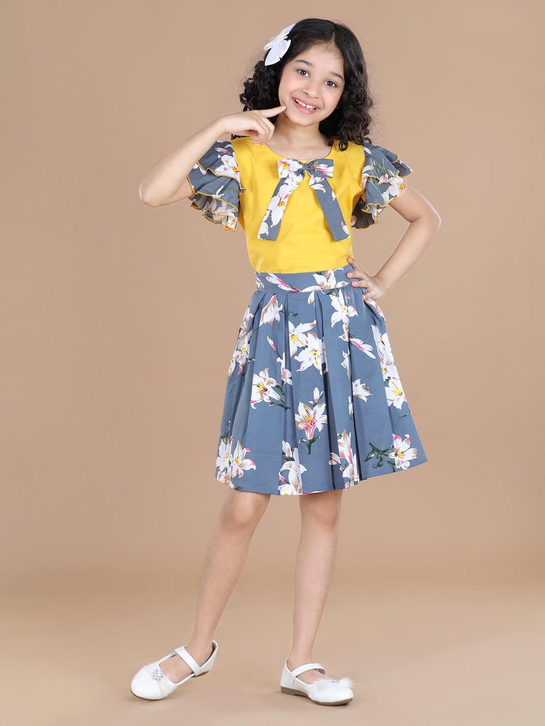 Cutiekins Girls Casual Top & Skirt Set ( Yellow & Grey)