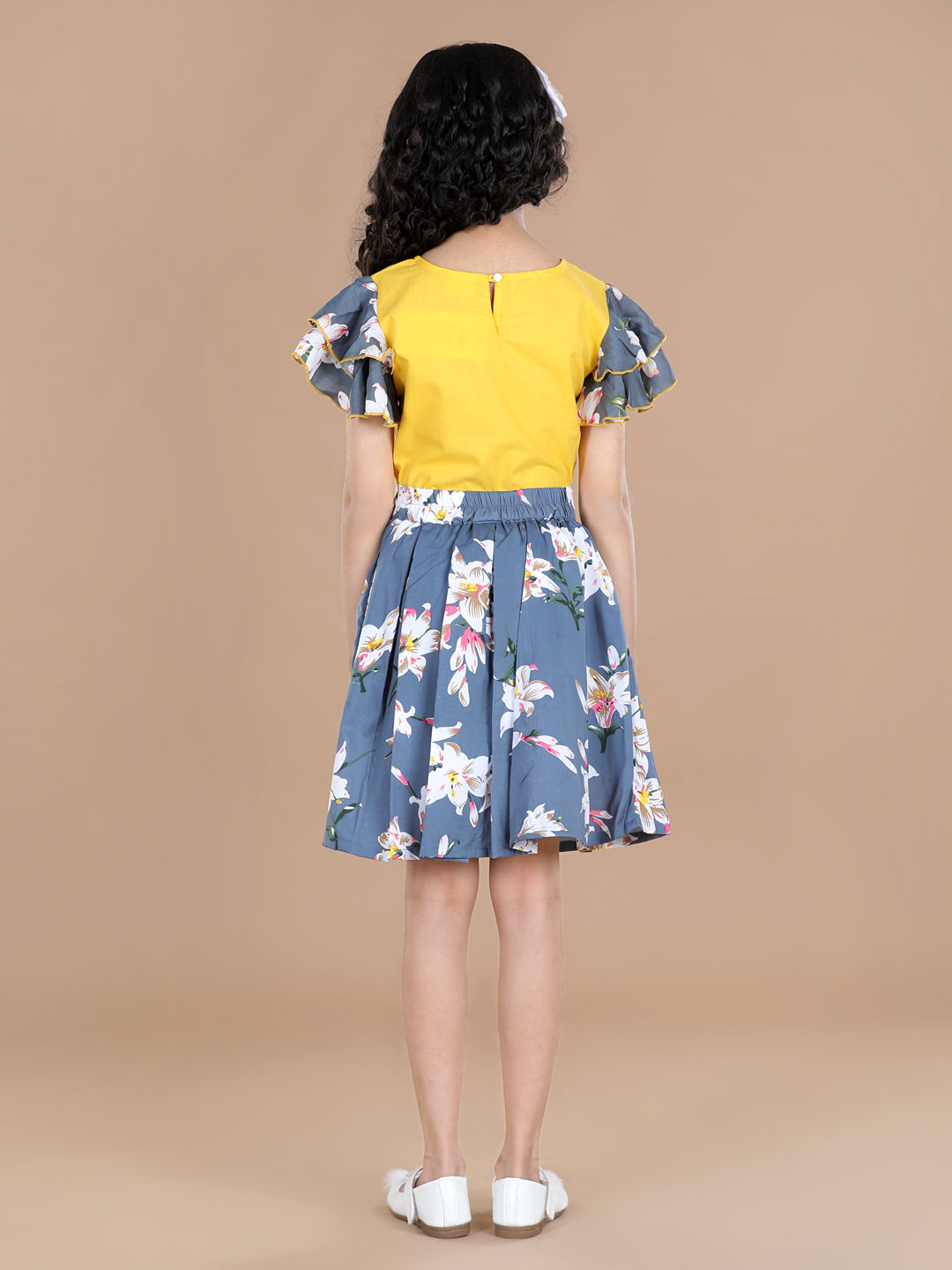 Cutiekins Girls Casual Top & Skirt Set ( Yellow & Grey)