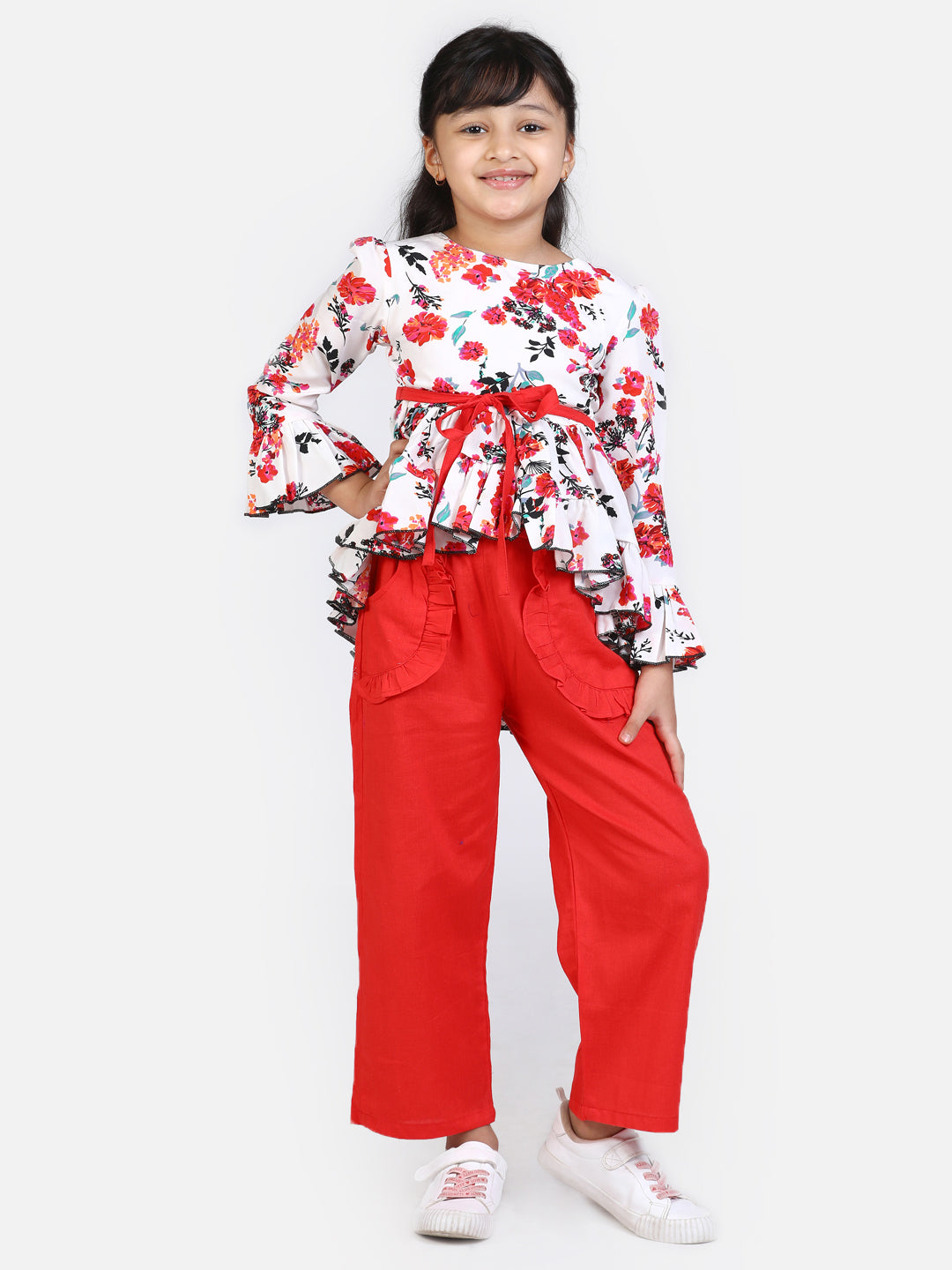 Cutiekins Girls Full Sleeves Casual Top & Trouser Set (White & Red)
