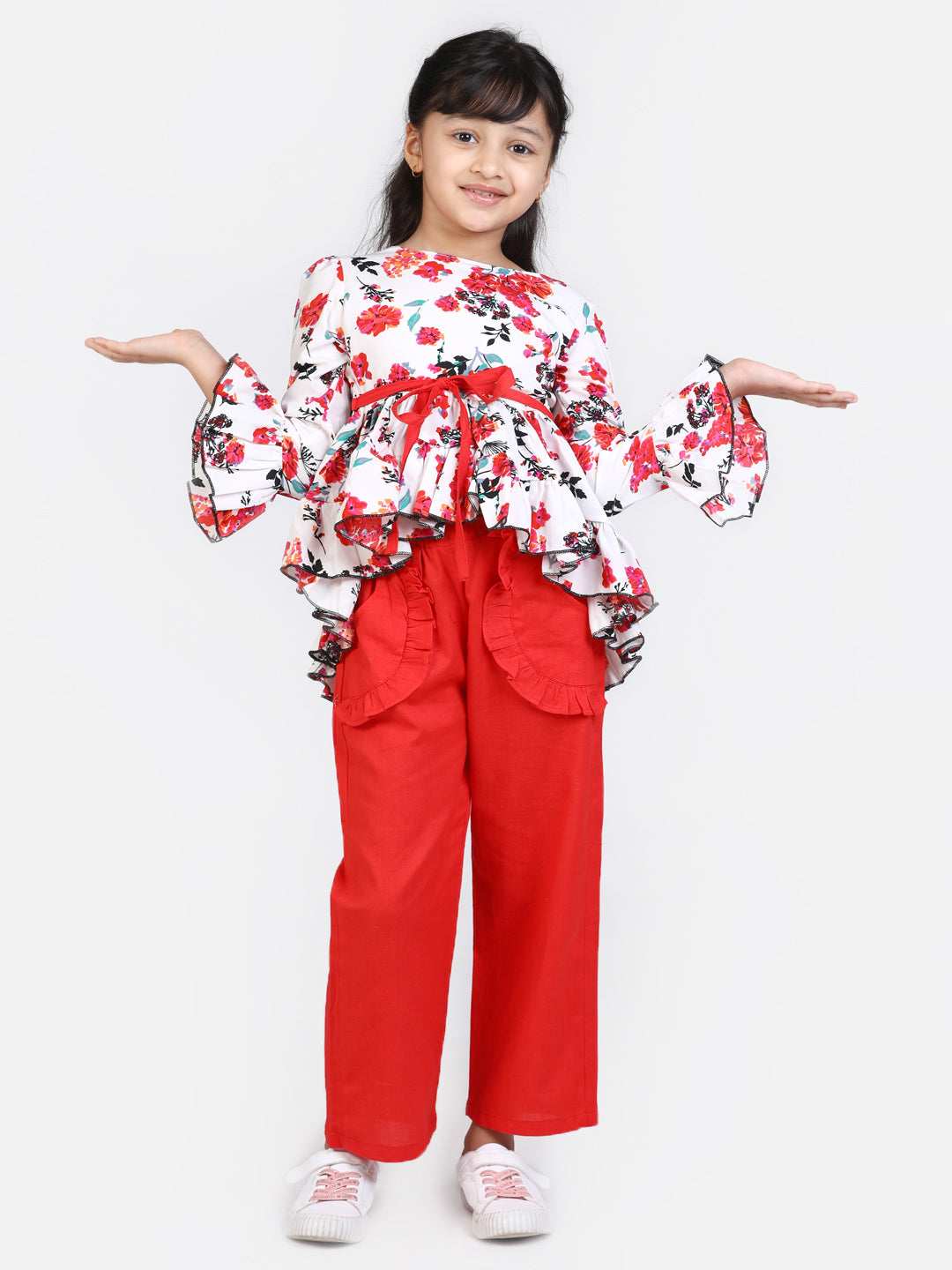 Cutiekins Girls Full Sleeves Casual Top & Trouser Set (White & Red)