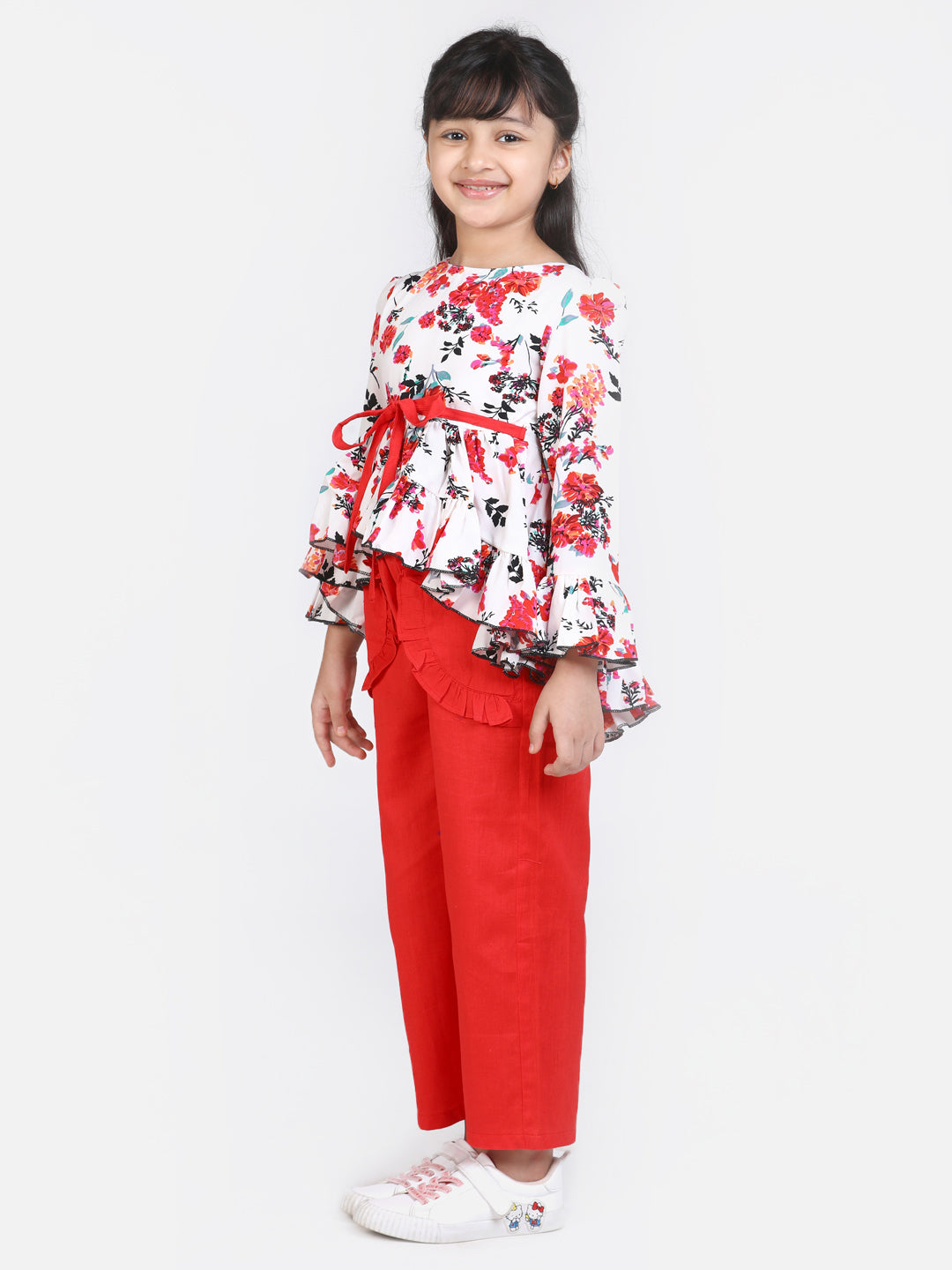 Cutiekins Girls Full Sleeves Casual Top & Trouser Set (White & Red)