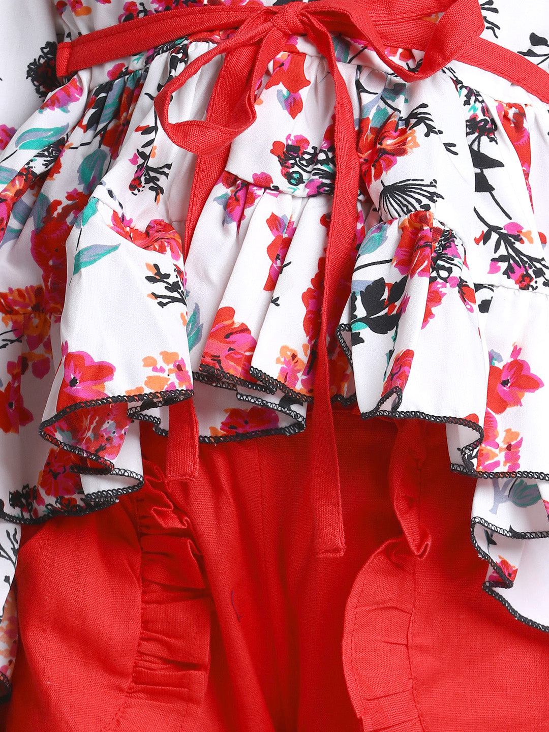 Cutiekins Girls Full Sleeves Casual Top & Trouser Set (White & Red)