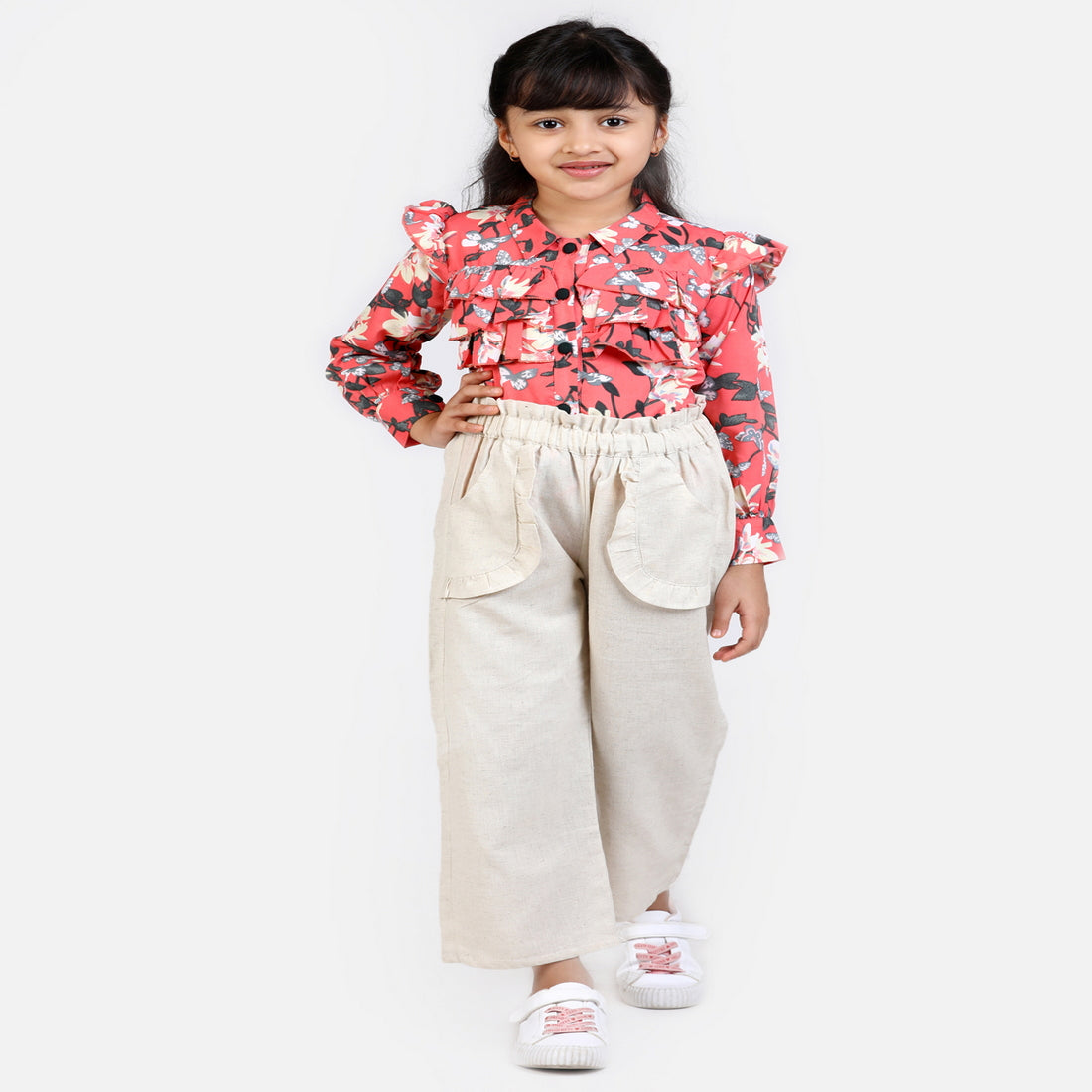 Cutiekins Shirt Style Floral Print Top & Linen Palazzo Set - Pink & Off White
