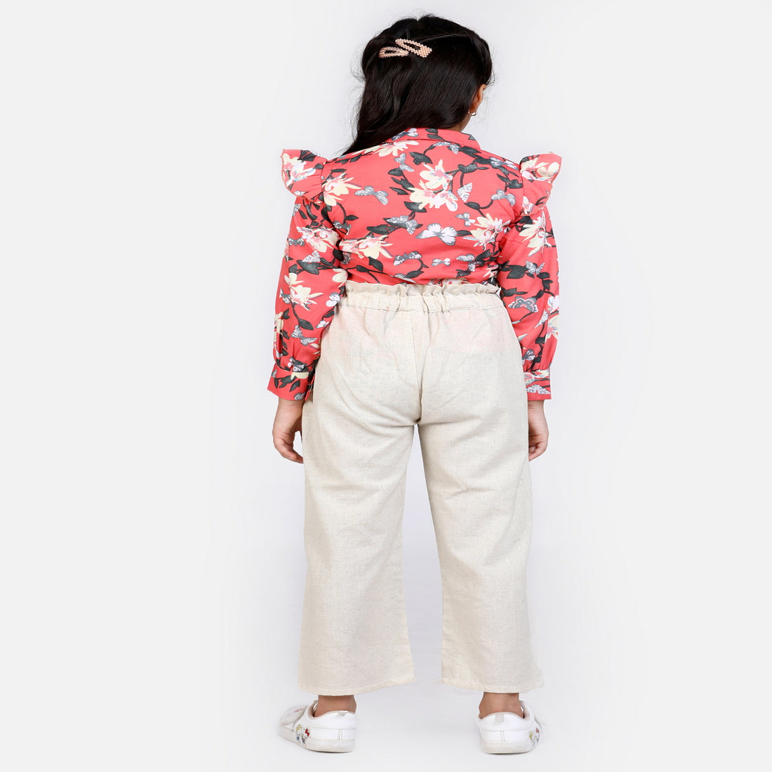 Cutiekins Shirt Style Floral Print Top & Linen Palazzo Set - Pink & Off White