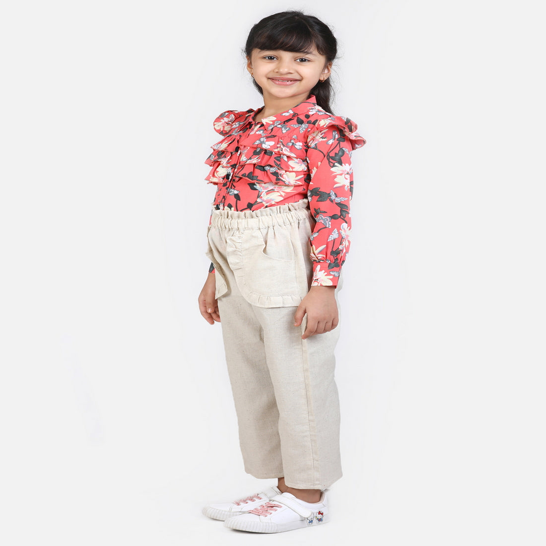 Cutiekins Shirt Style Floral Print Top & Linen Palazzo Set - Pink & Off White