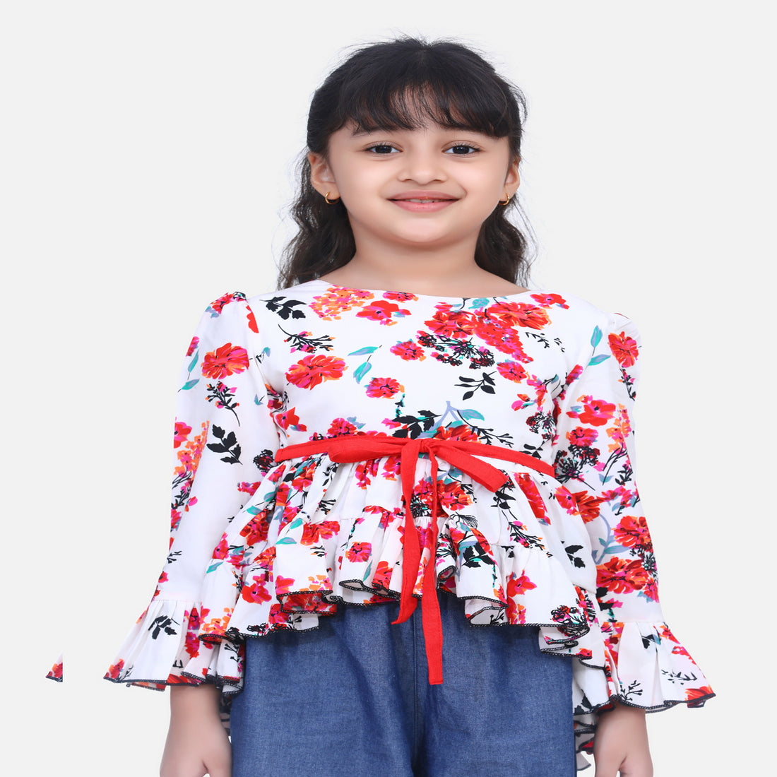 Cutiekins High Low Floral Print Top - Red & White