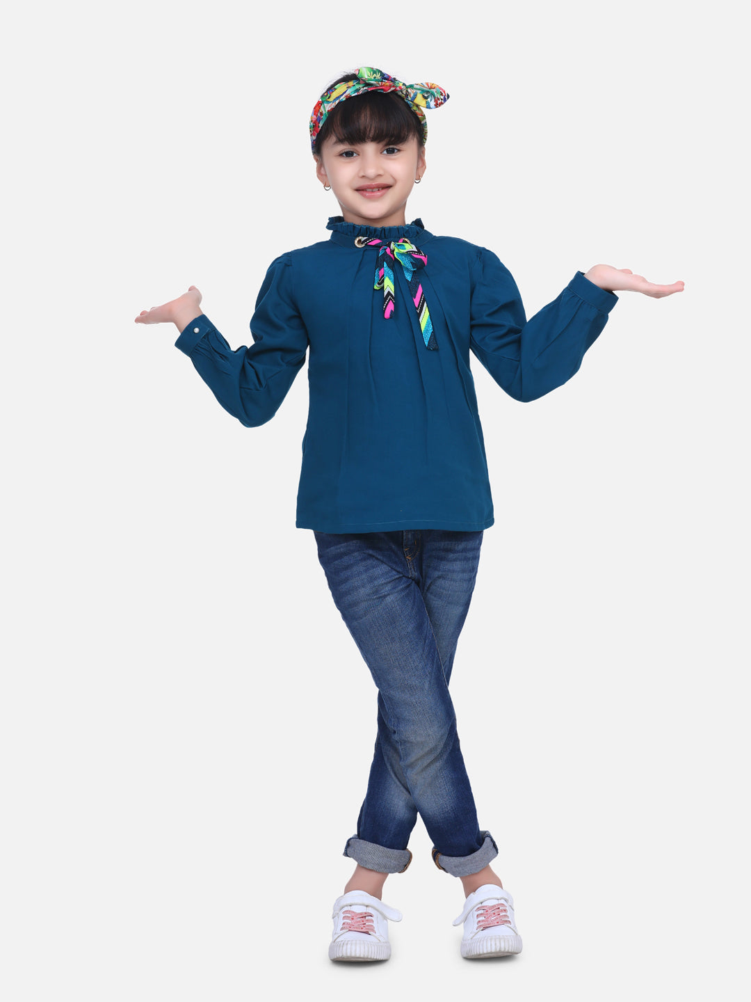 Cutiekins Solid Pleated Eyelet Top With Knot - Teal Blue
