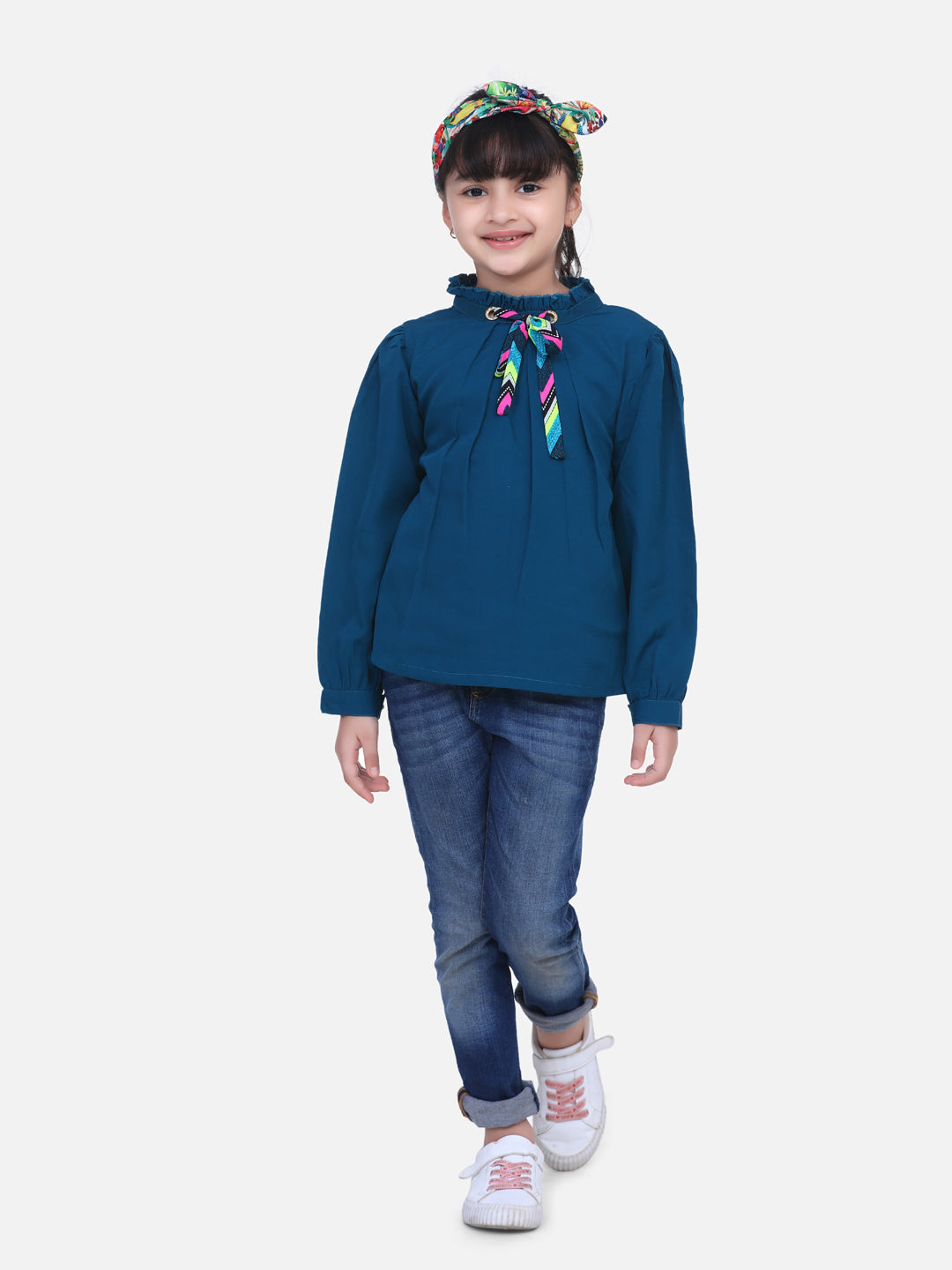 Cutiekins Solid Pleated Eyelet Top With Knot - Teal Blue