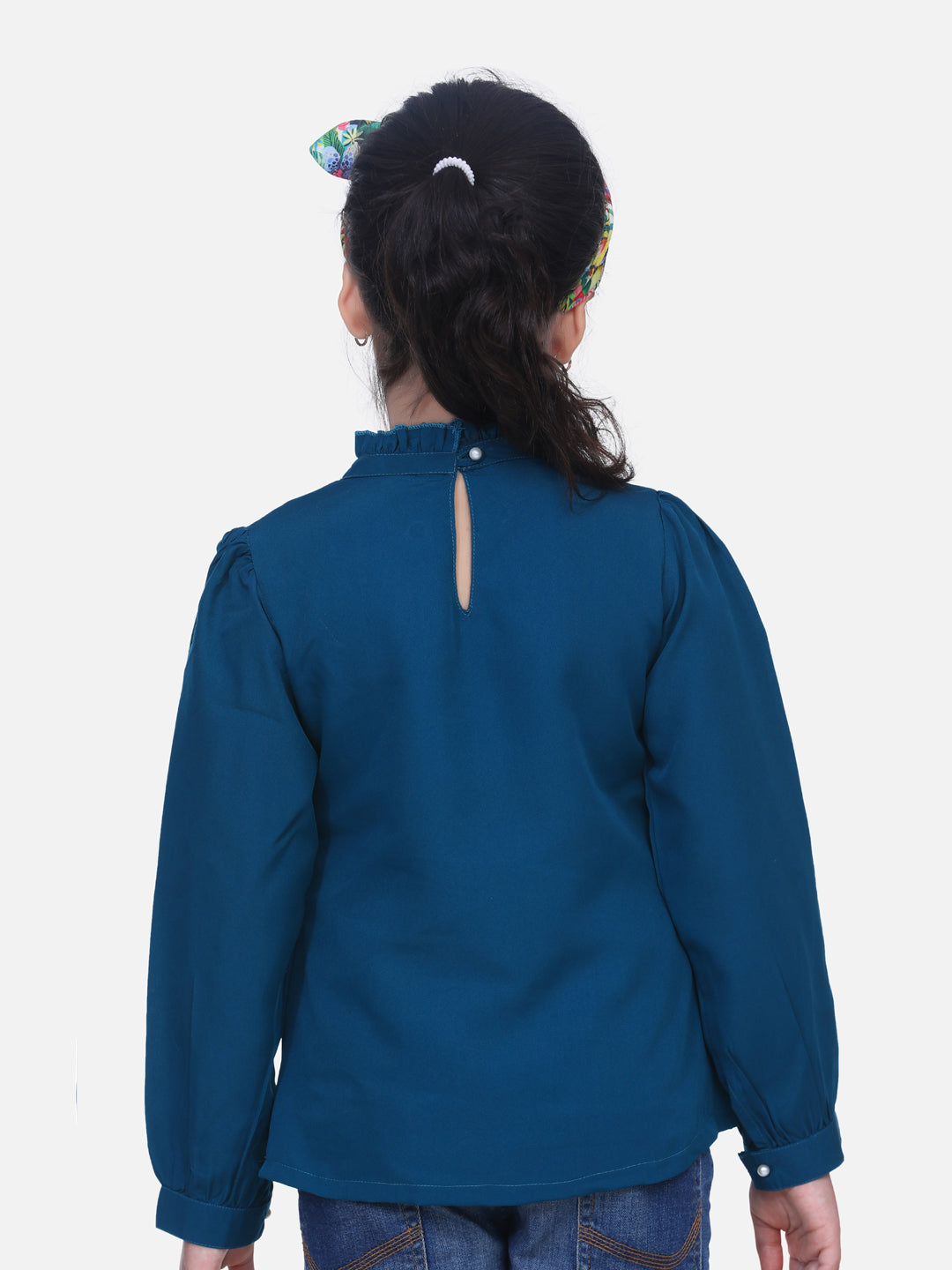 Cutiekins Solid Pleated Eyelet Top With Knot - Teal Blue