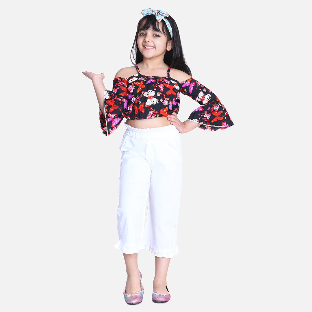 Cutiekins Butterfly Printed Bell Sleeves Crop Top & Solid Capri Capri Set -Black & White