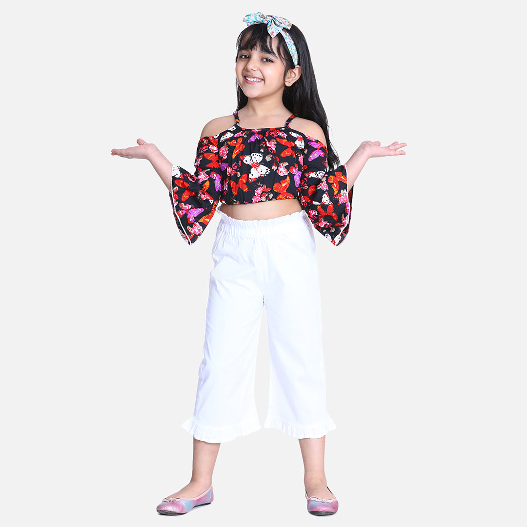Cutiekins Butterfly Printed Bell Sleeves Crop Top & Solid Capri Capri Set -Black & White