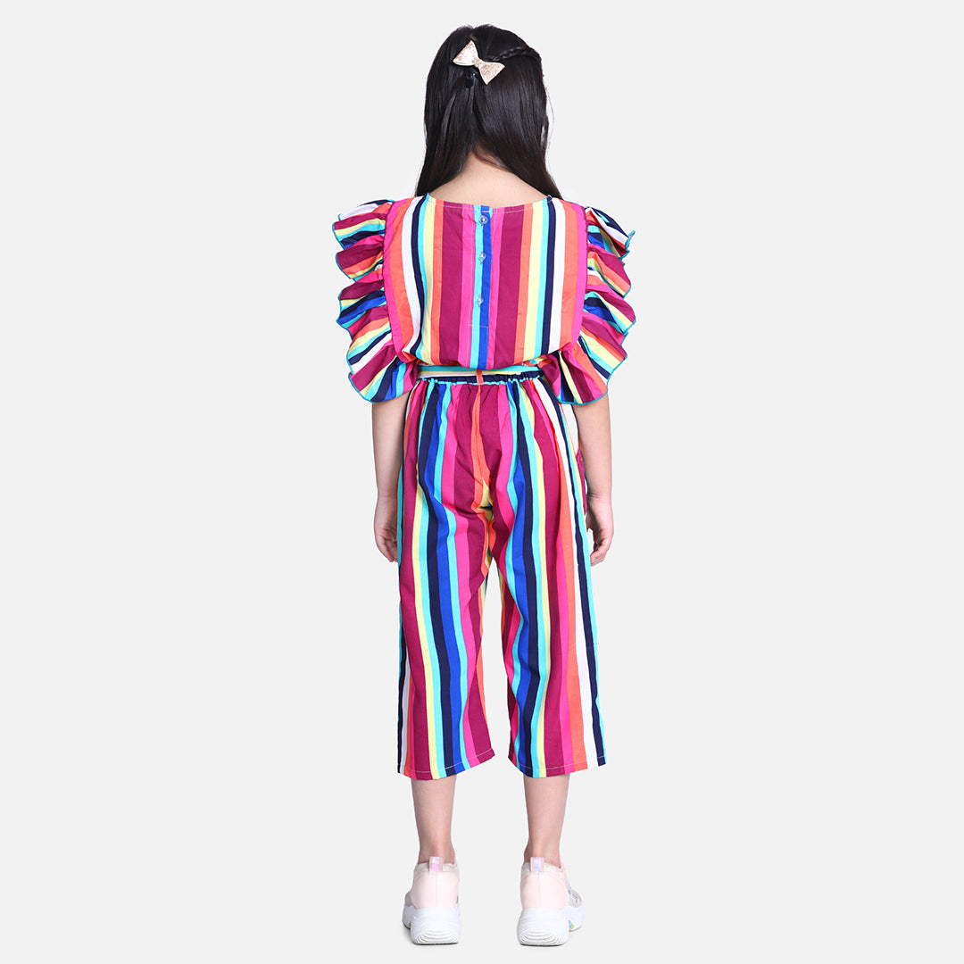 Cutiekins Stripe Printed Ruffle Ankle length Jumpsuit -Multicolour