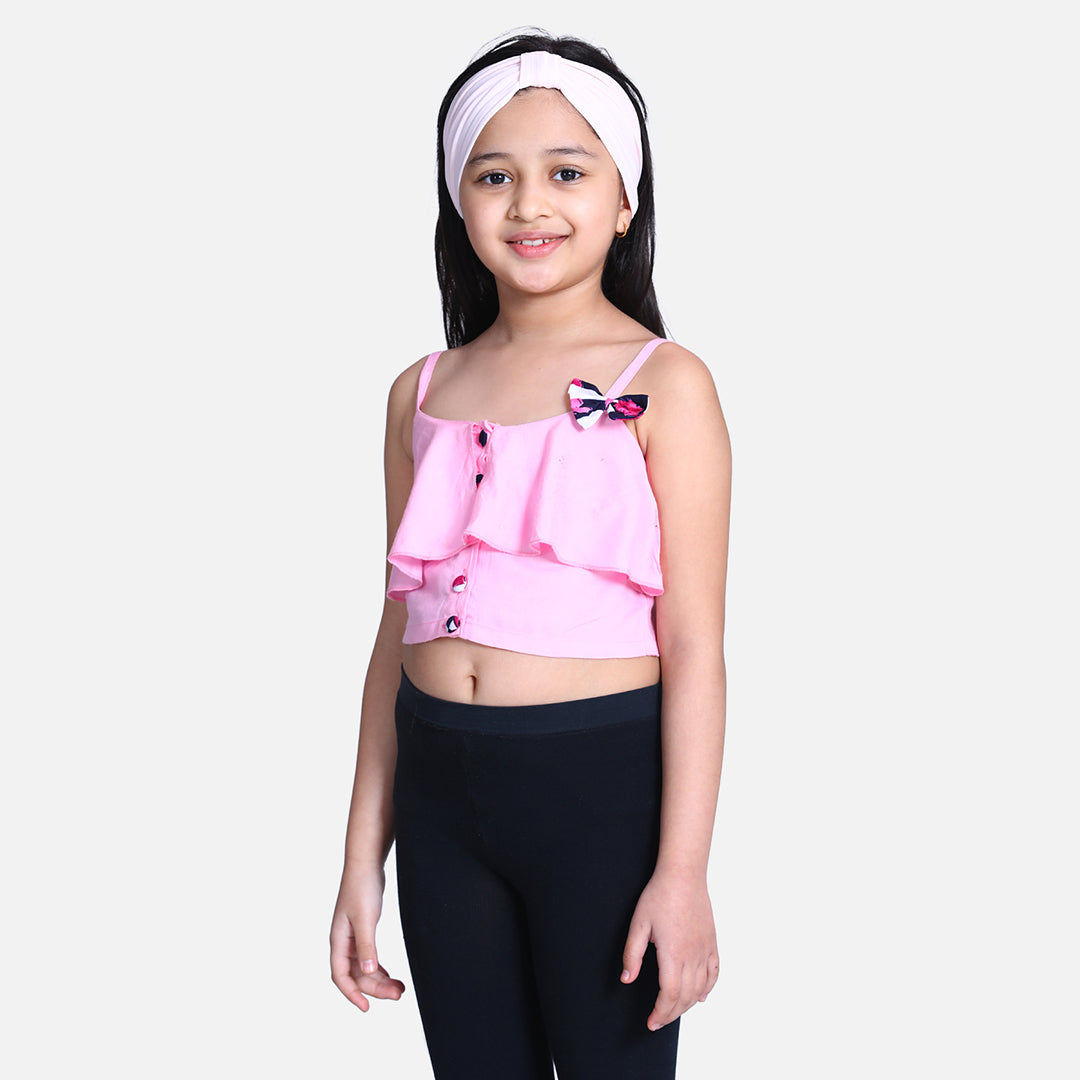 Cutiekins Bow Embellished Crop Top -Light Pink & White