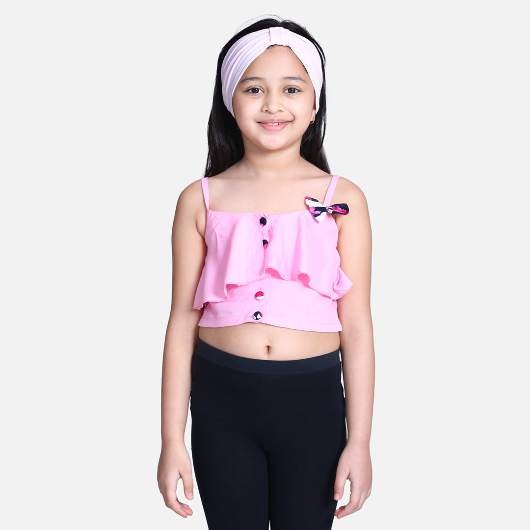 Cutiekins Bow Embellished Crop Top -Light Pink & White