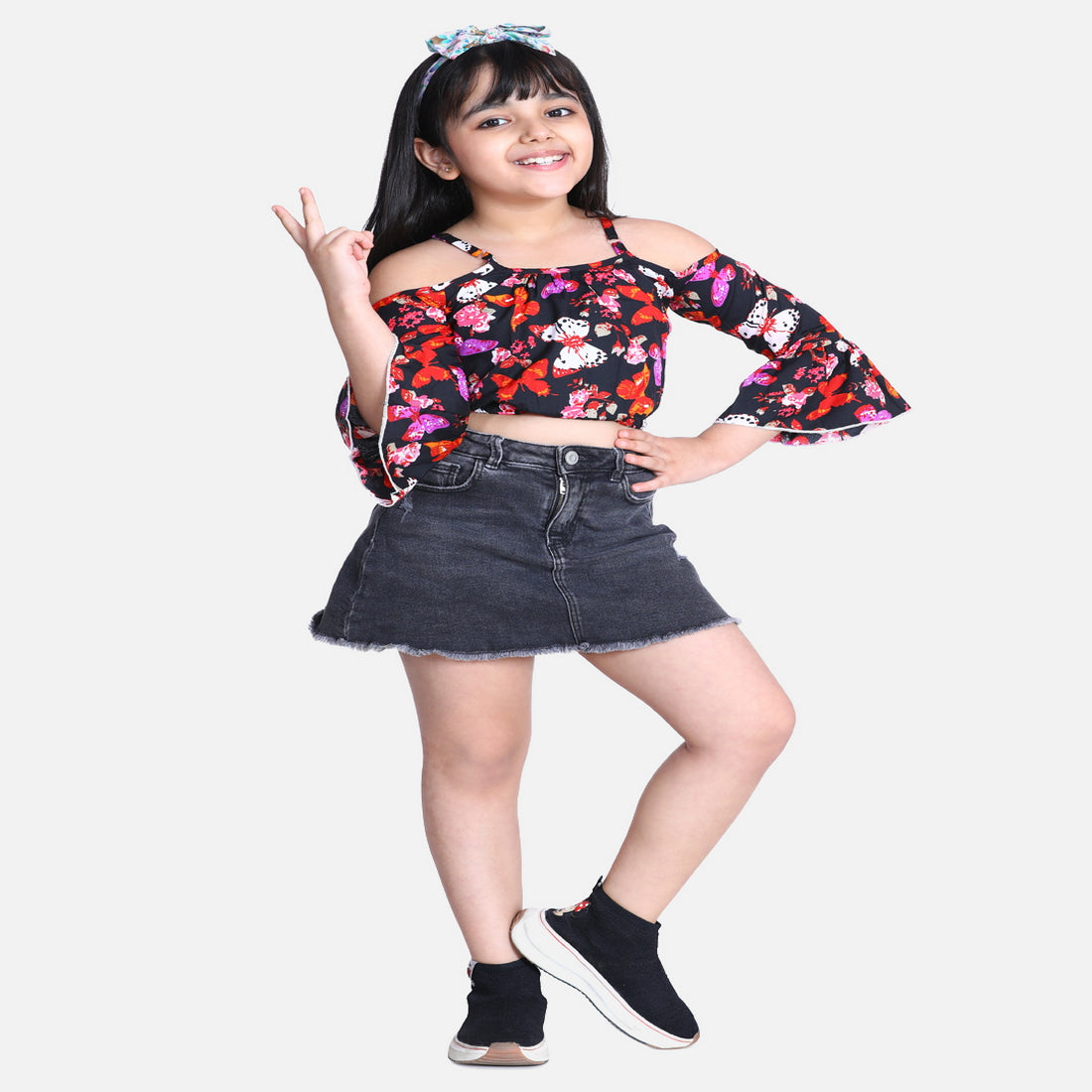 Cutiekins Butterfly Printed Bell Sleeves Crop Top -Black & White