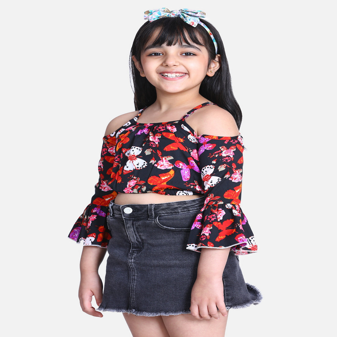 Cutiekins Butterfly Printed Bell Sleeves Crop Top -Black & White