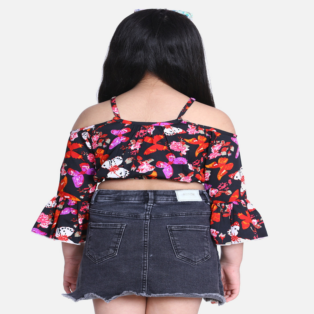 Cutiekins Butterfly Printed Bell Sleeves Crop Top -Black & White