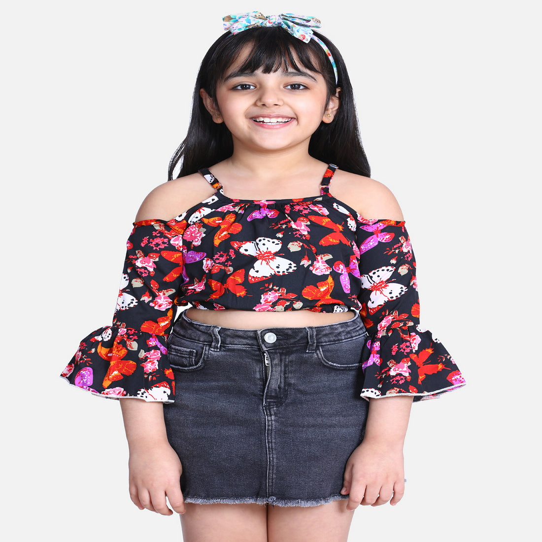 Cutiekins Butterfly Printed Bell Sleeves Crop Top -Black & White