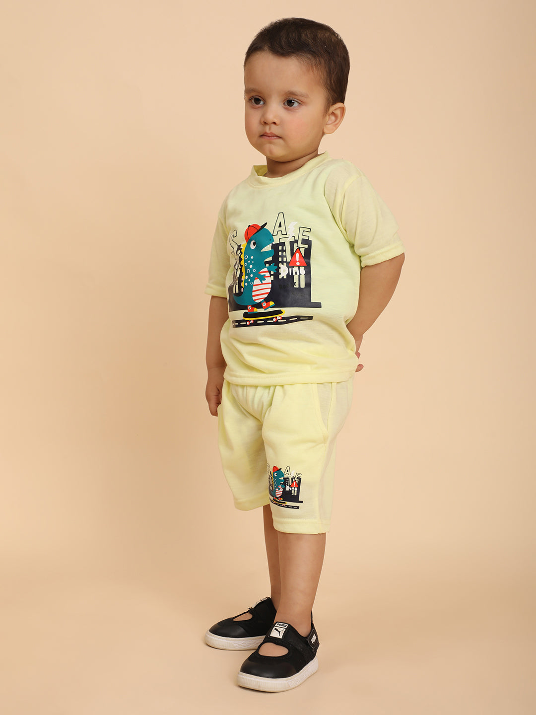 Cutiekins Boys  Graphic Print T-shirt with Shorts -Cream Yellow & Black
