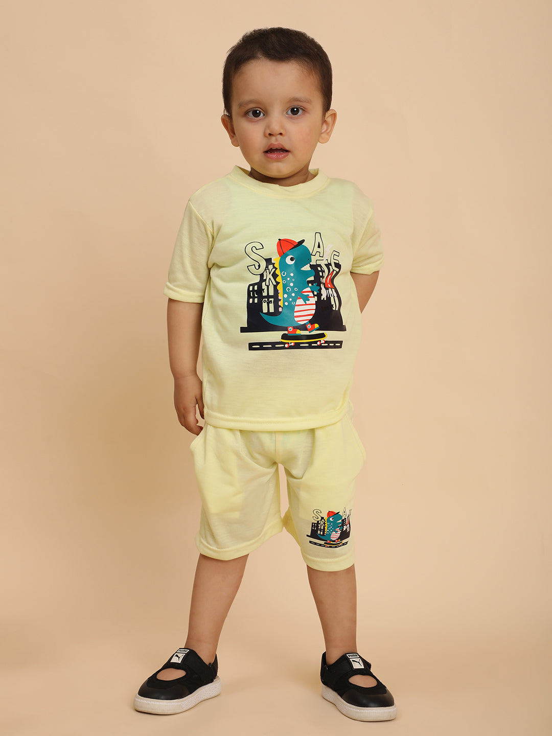 Cutiekins Boys  Graphic Print T-shirt with Shorts -Cream Yellow & Black