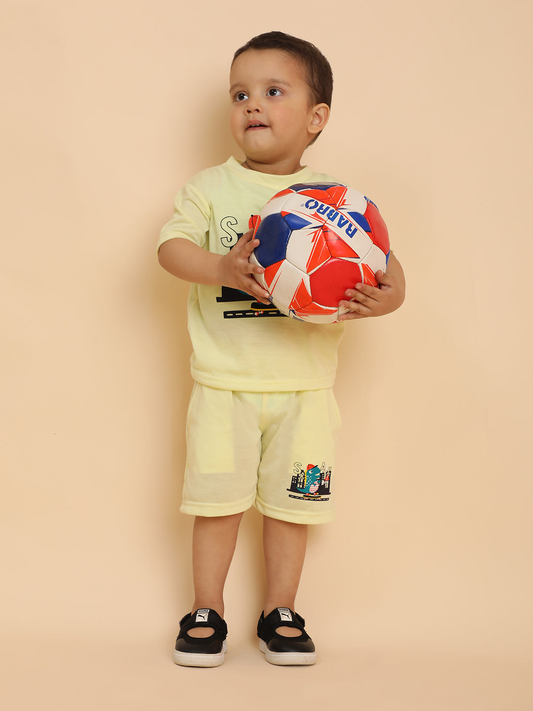 Cutiekins Boys  Graphic Print T-shirt with Shorts -Cream Yellow & Black