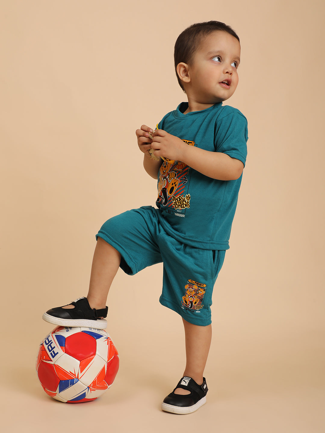 Cutiekins Boys  Graphic Print T-shirt with Shorts -Teal Blue & Mustard
