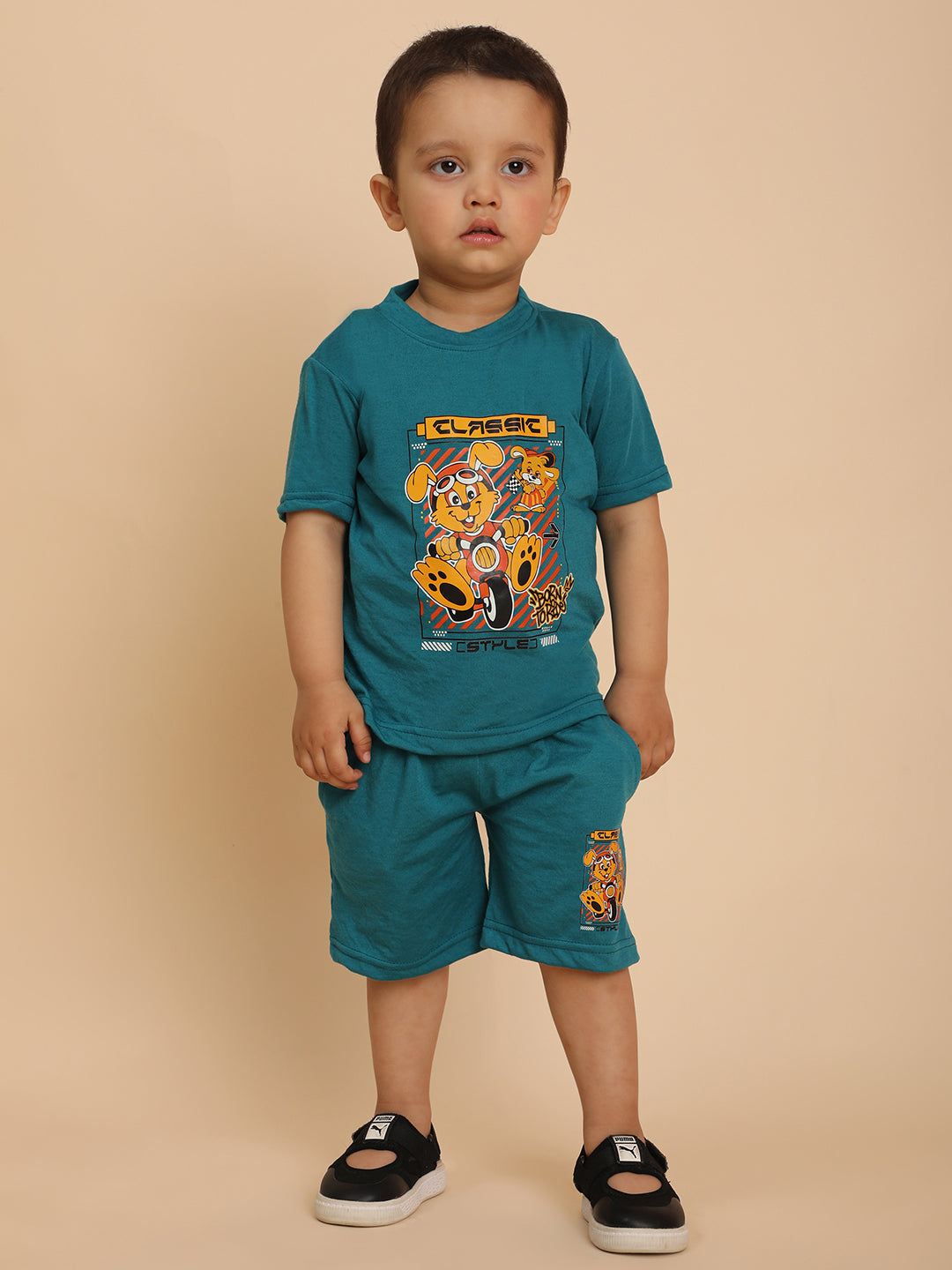 Cutiekins Boys  Graphic Print T-shirt with Shorts -Teal Blue & Mustard
