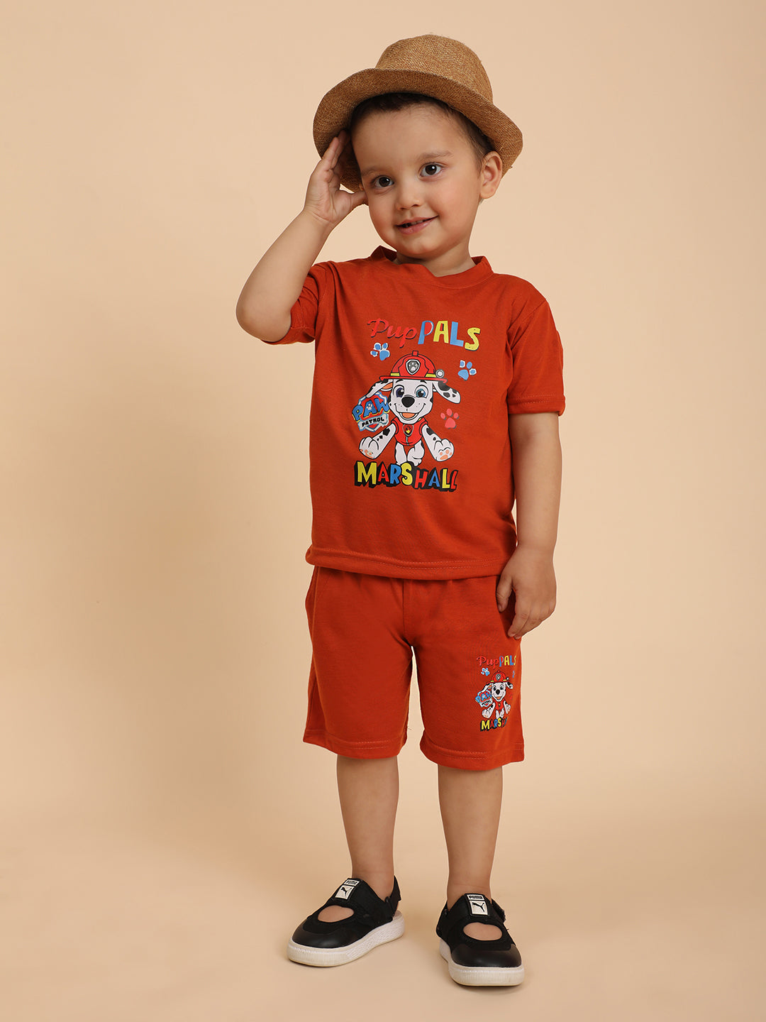 Cutiekins Boys Puppal Graphic Print T-shirt with Shorts -Rust & Off White