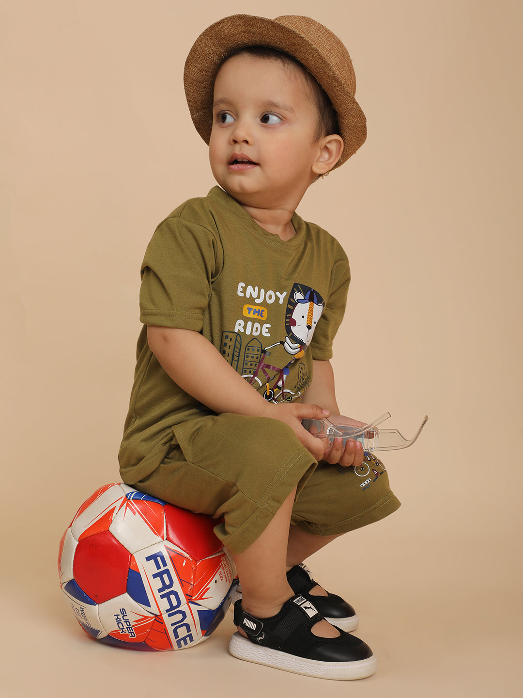 Cutiekins Boys Graphic Print T-shirt with Shorts -Mehendi Green & Off White