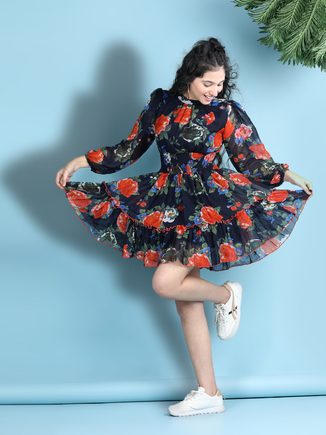 Cutiekins Girls Trendy & Stylish Floral Printed Dress -Navy Blue & Red