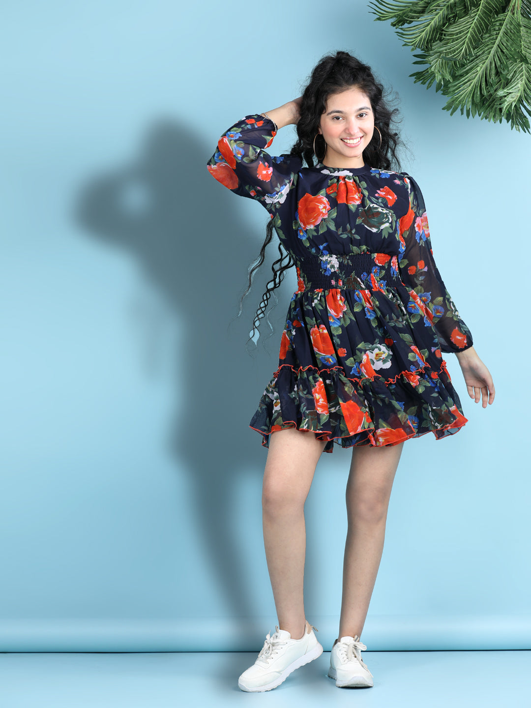 Cutiekins Girls Trendy & Stylish Floral Printed Dress -Navy Blue & Red