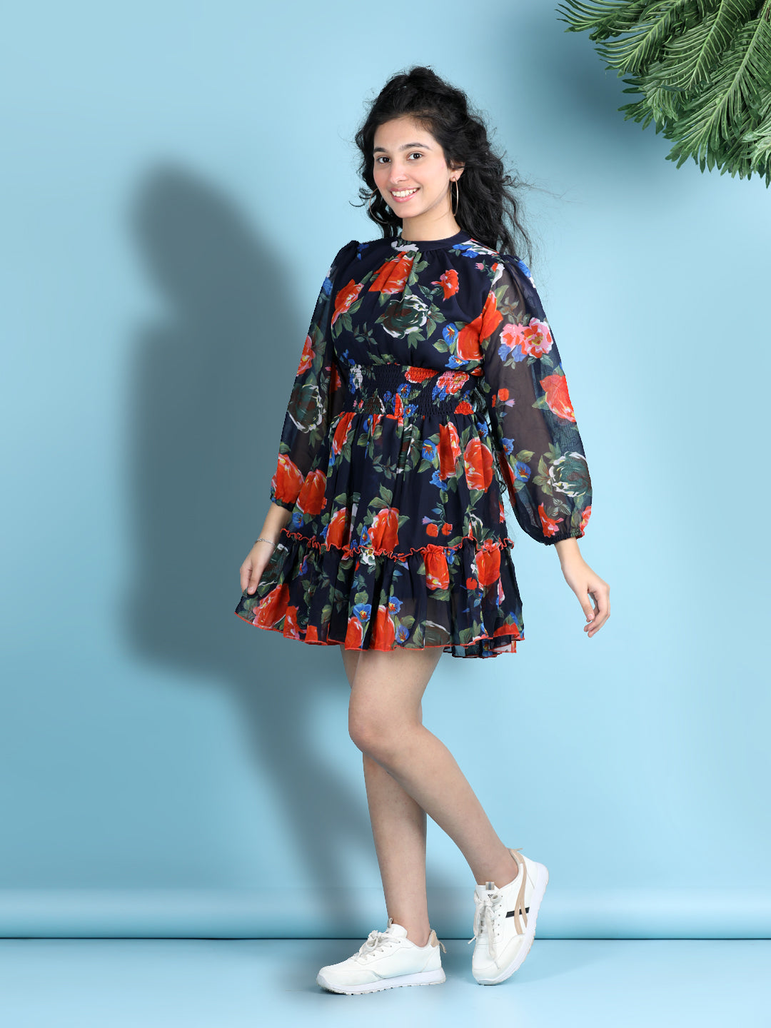 Cutiekins Girls Trendy & Stylish Floral Printed Dress -Navy Blue & Red